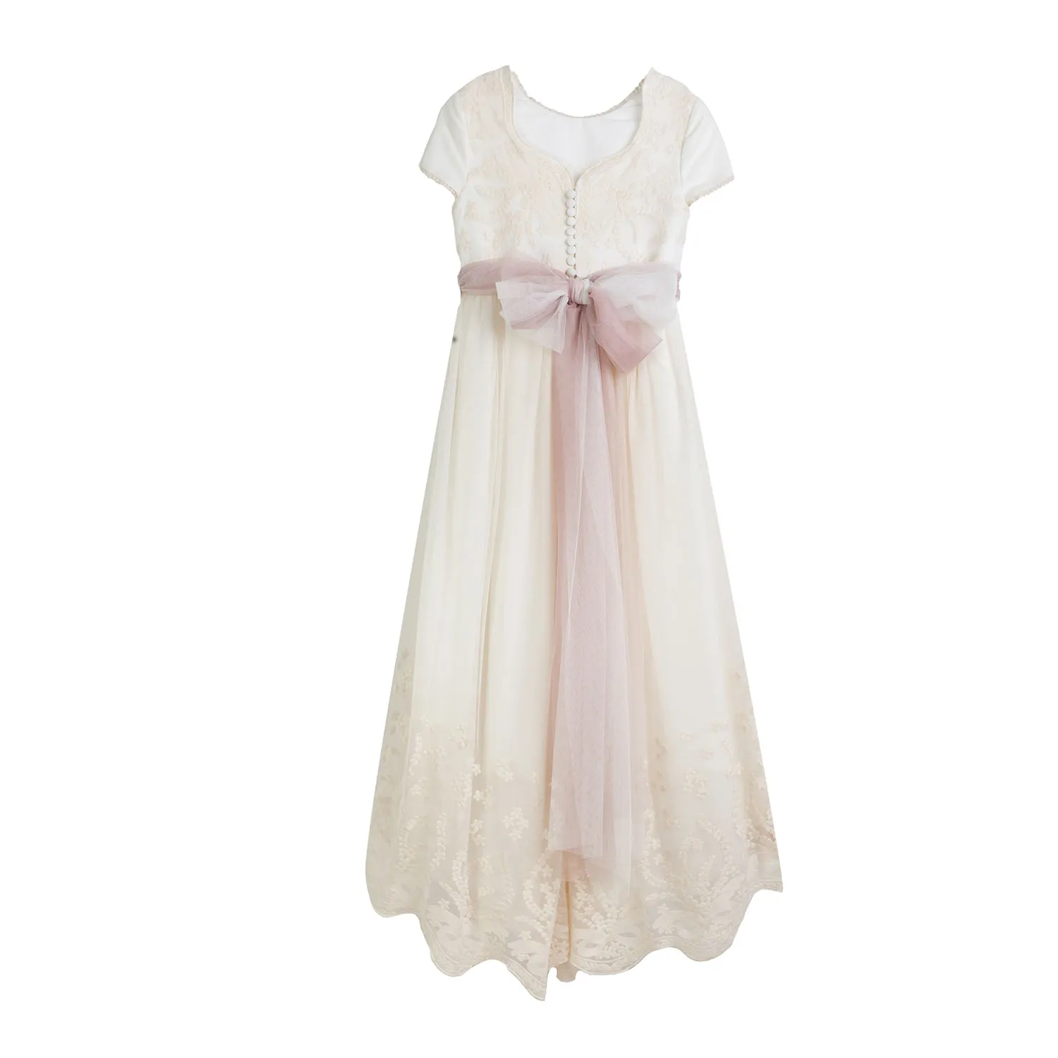 Tete' & Martina Long Natural White Dress With Pink Tulle Belt