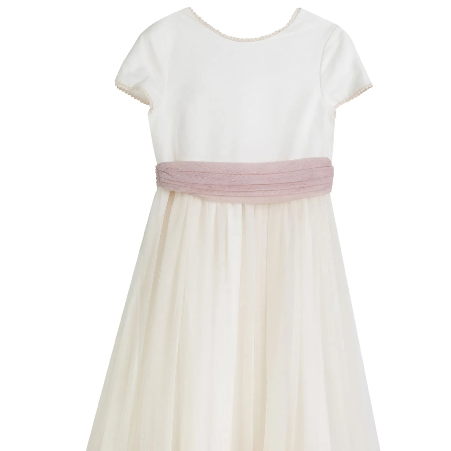 Tete' & Martina Long Natural White Dress With Pink Tulle Belt