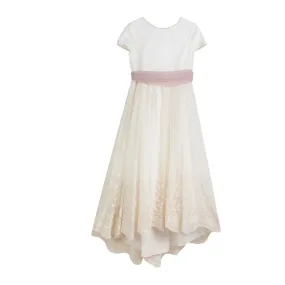 Tete' & Martina Long Natural White Dress With Pink Tulle Belt