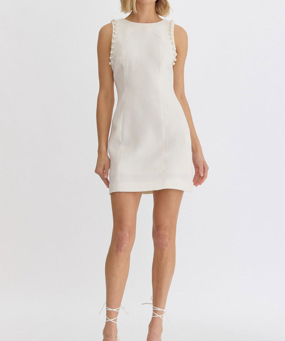 Textured Sleeveless Dress with Pearl Detail - Cream