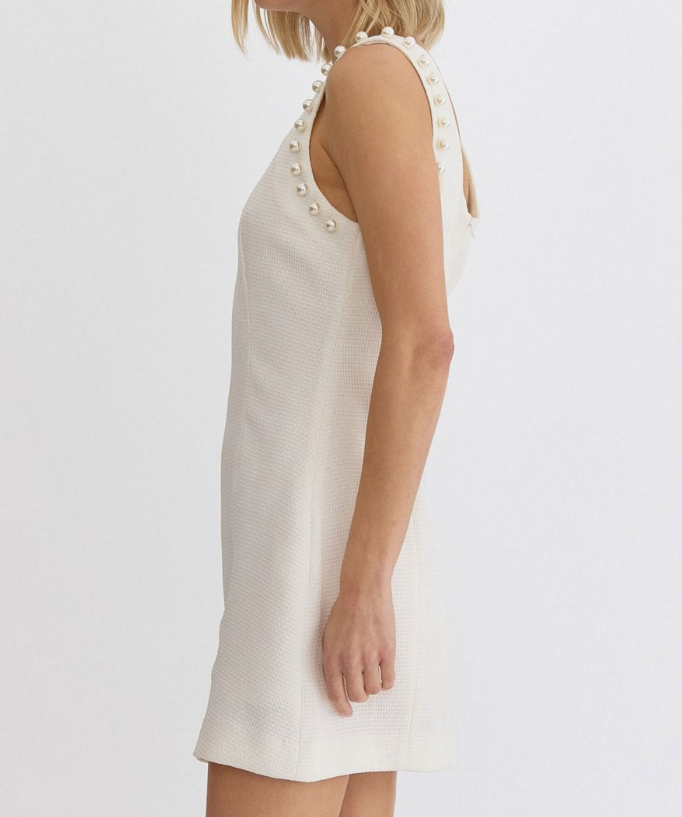 Textured Sleeveless Dress with Pearl Detail - Cream