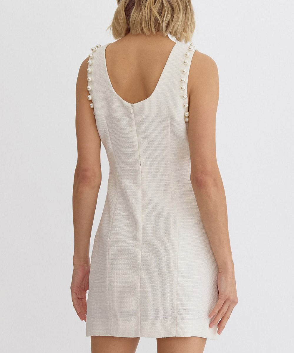 Textured Sleeveless Dress with Pearl Detail - Cream