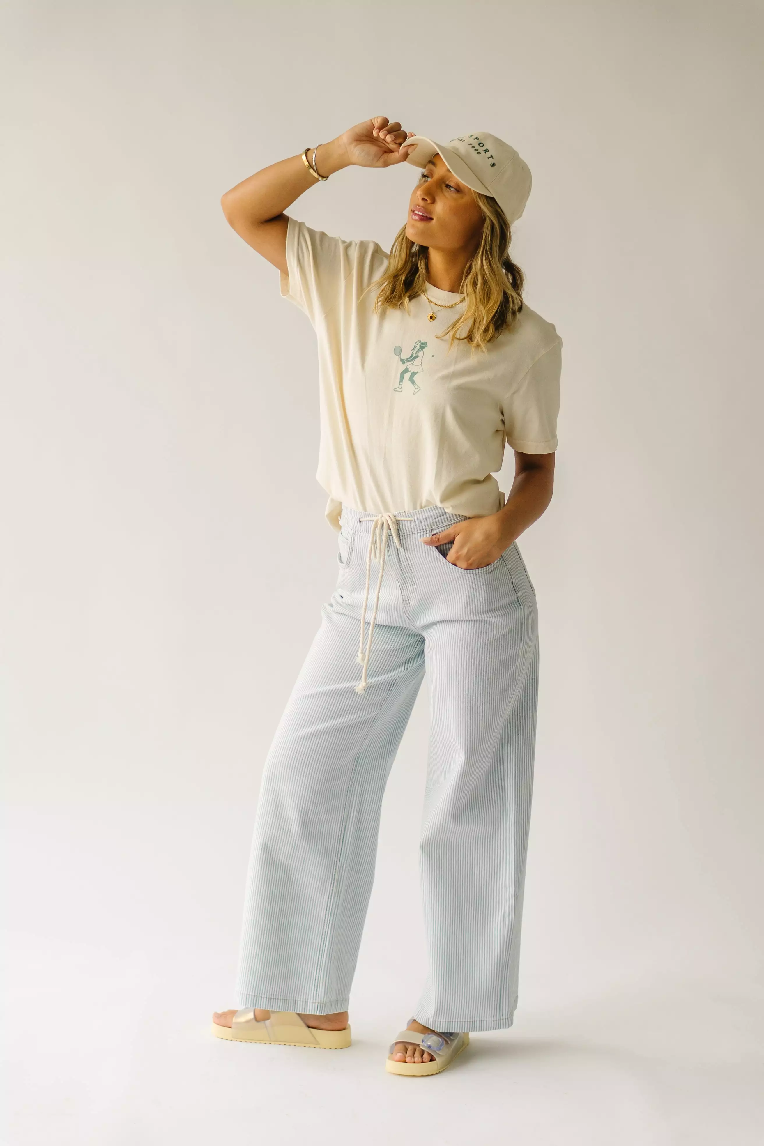 The Mendoza Waist Tie Wide Leg Pant in Blue Stripe