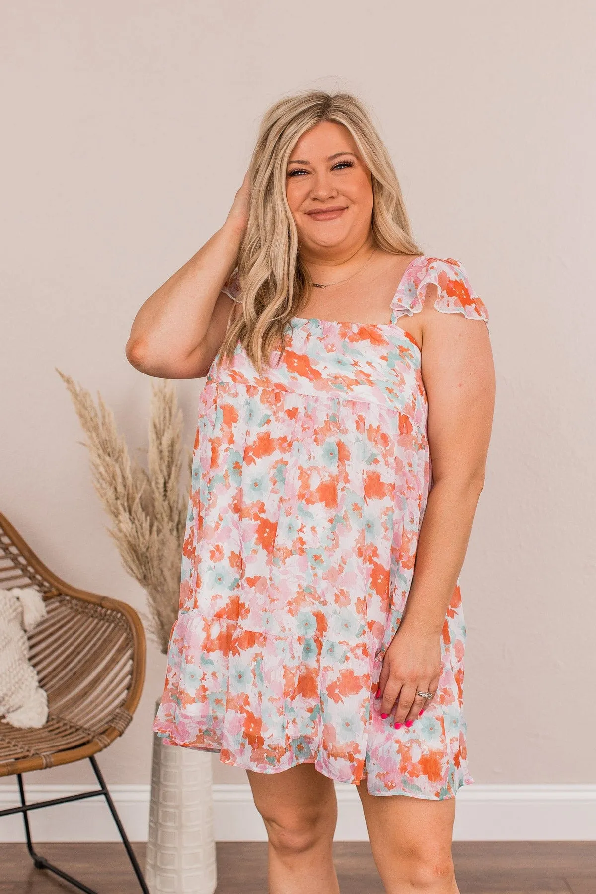 Uplifting Confidence Babydoll Mini Dress- Coral & Green