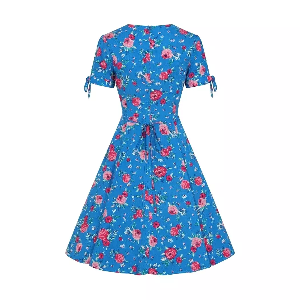 Vibrant Blue Pink Floral Fit And Flare Swing Dress