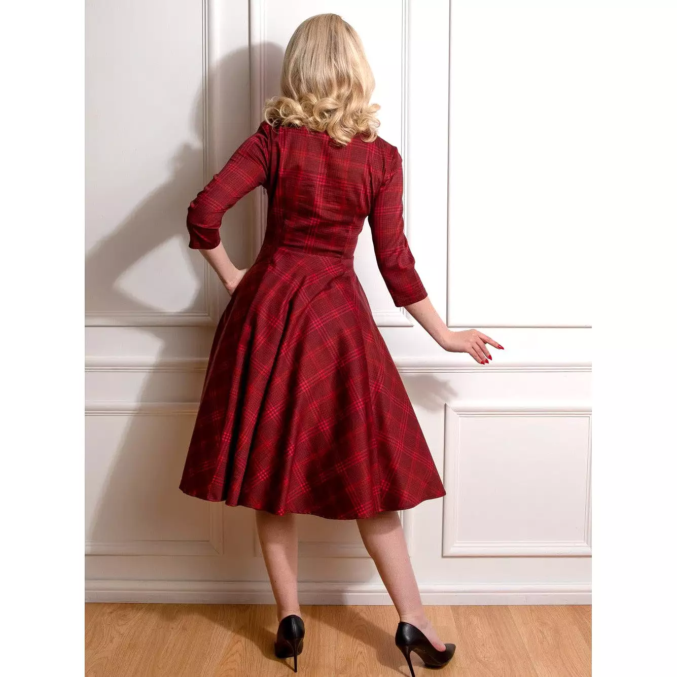 Vintage Red Check 3/4 Sleeve Collar Burns Swing Dress