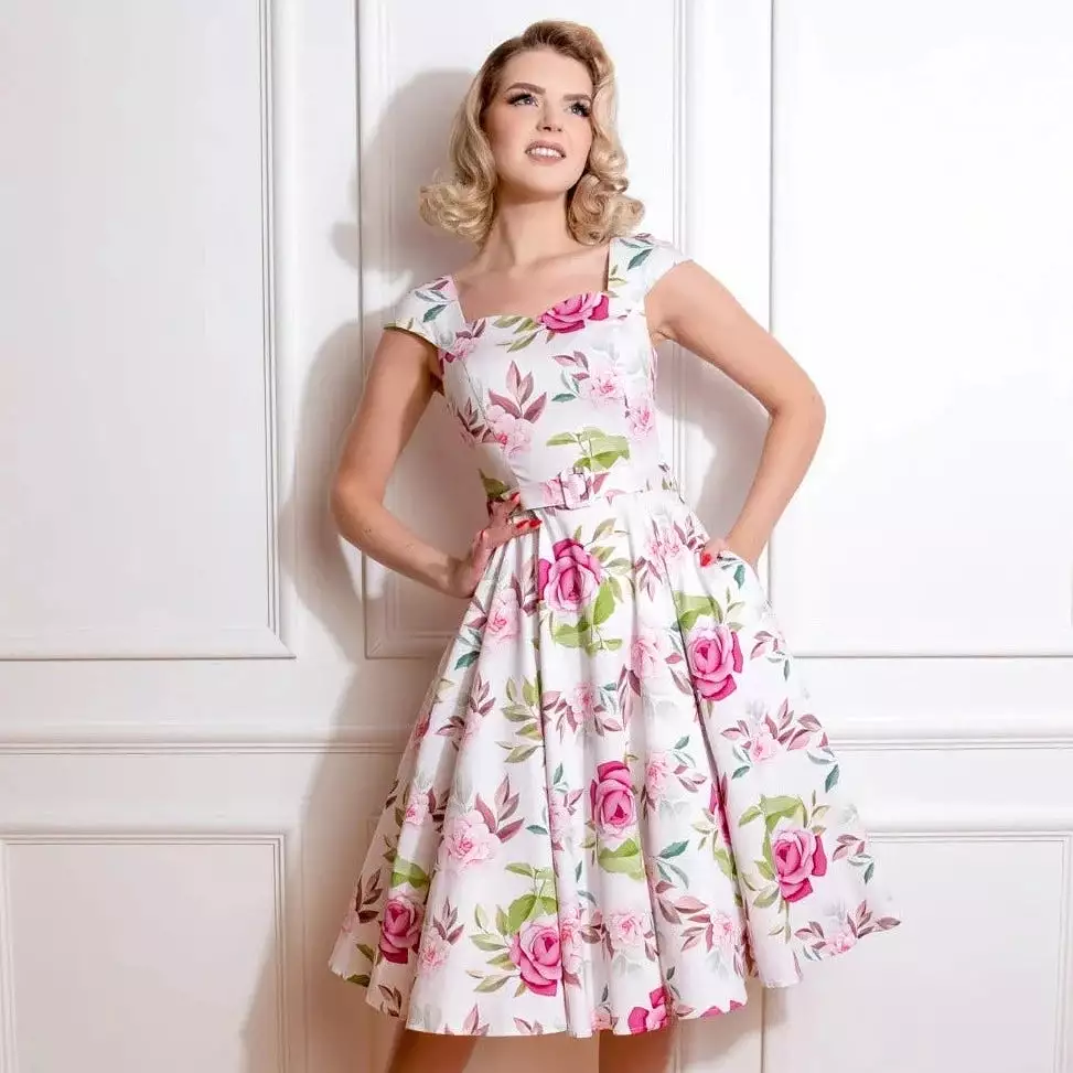 White & Pink Floral Cap Sleeve 50s Swing Dress