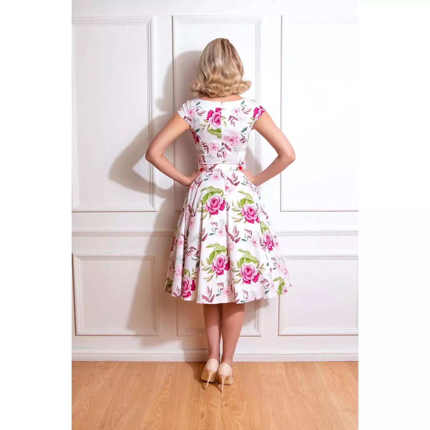 White & Pink Floral Cap Sleeve 50s Swing Dress