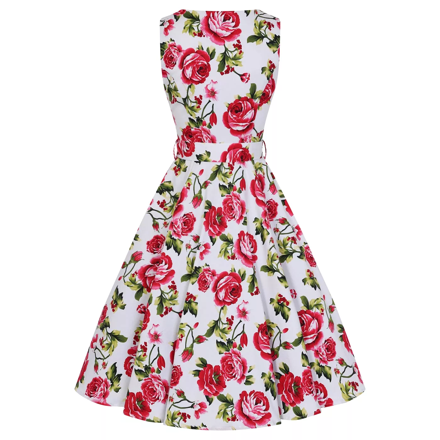 White and Pink Rose Floral Print Audrey 50s Summer Swing Dress