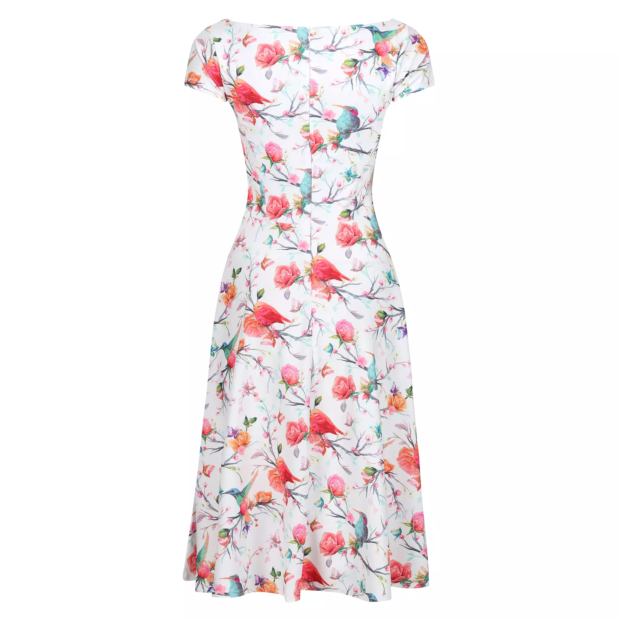 White Floral, Bird & Butterfly Print Cap Sleeve 50s Audrey Swing Dress