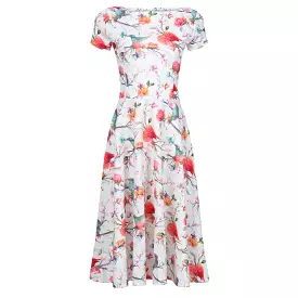 White Floral, Bird & Butterfly Print Cap Sleeve 50s Audrey Swing Dress