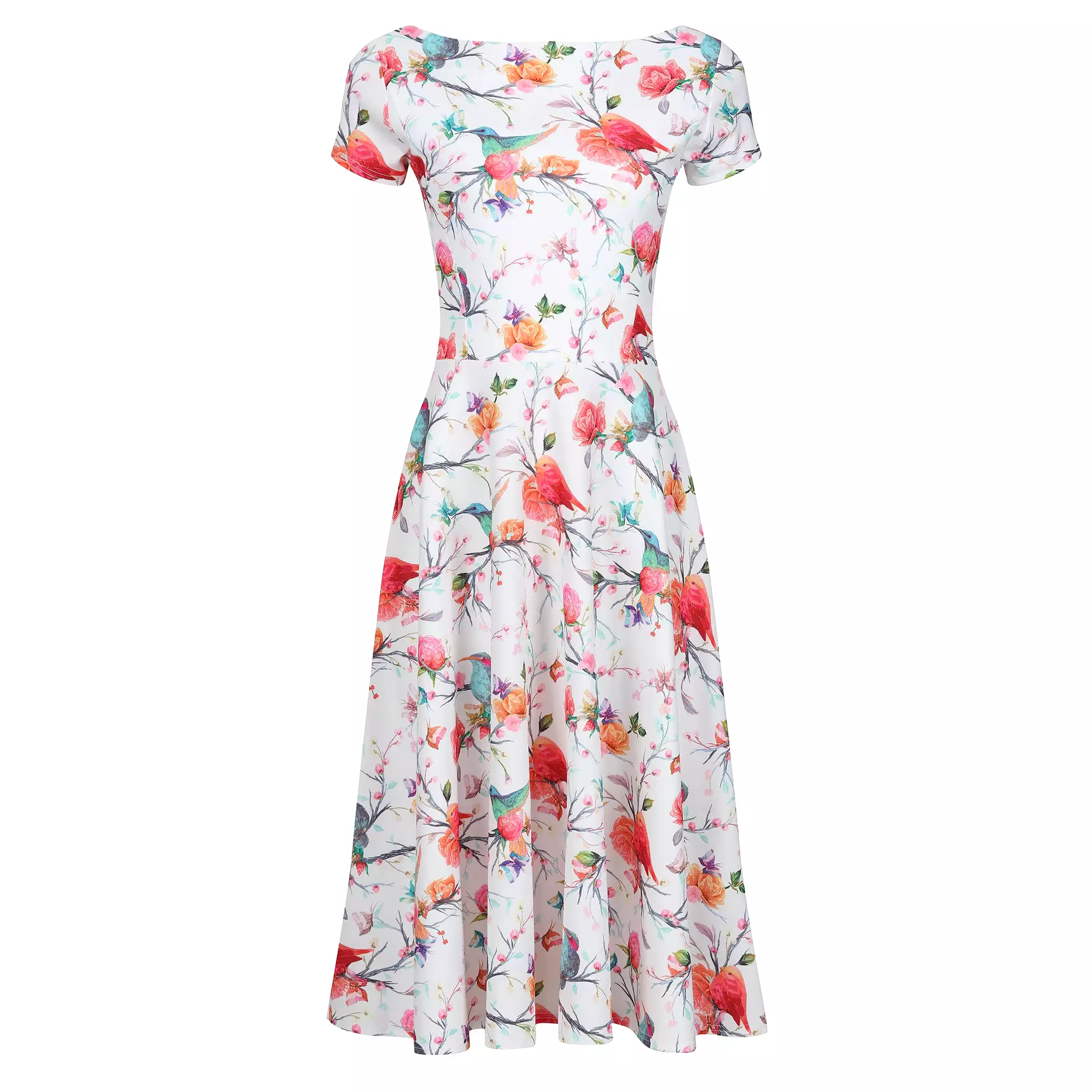 White Floral, Bird & Butterfly Print Cap Sleeve 50s Audrey Swing Dress