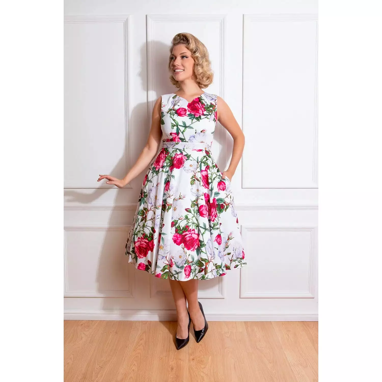 White Vibrant Floral Print V Neck Rockabilly 50s Swing Dress