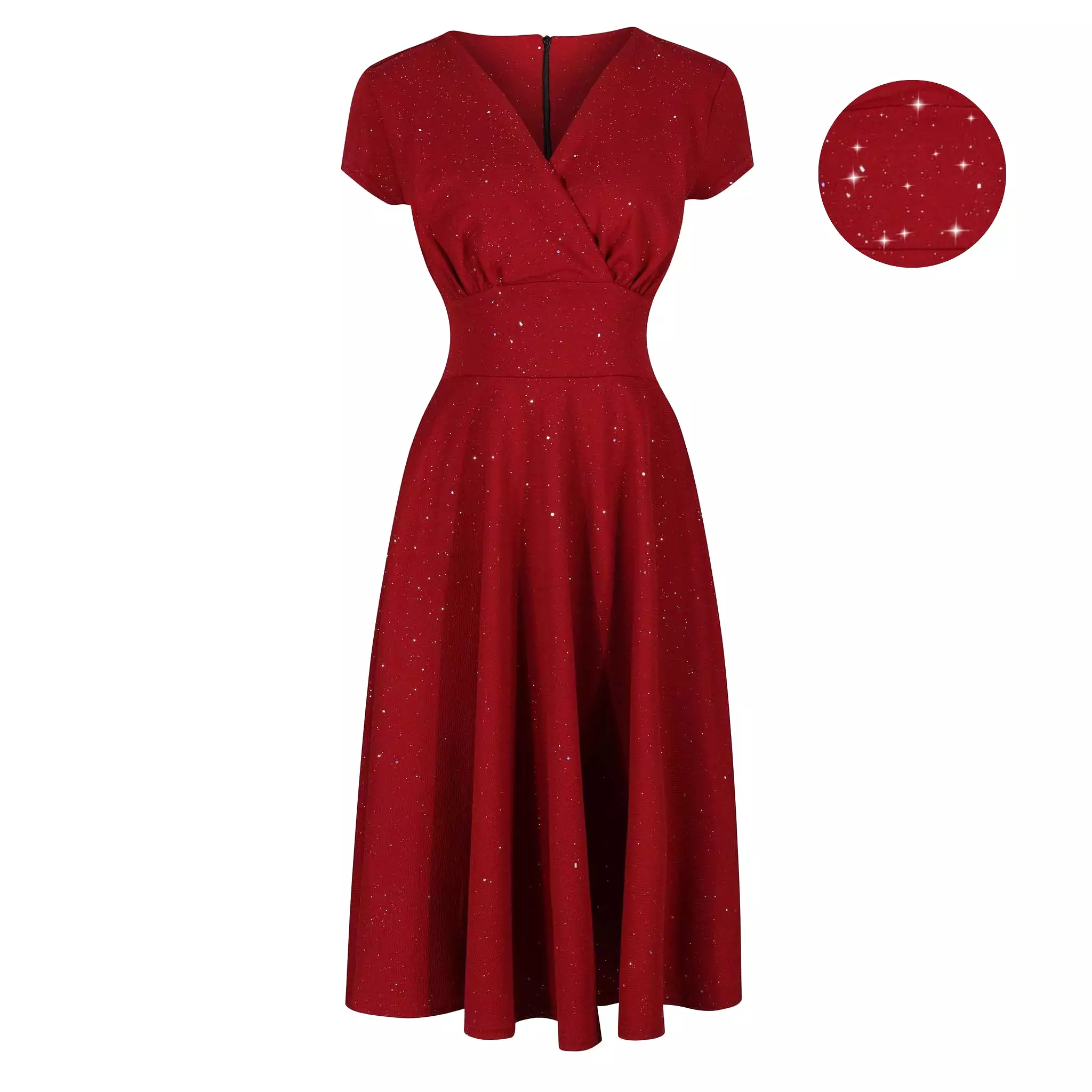 Wine Red & Sparkly Glitter A Line Crossover Top Capped Sleeve Tea Swing Dress