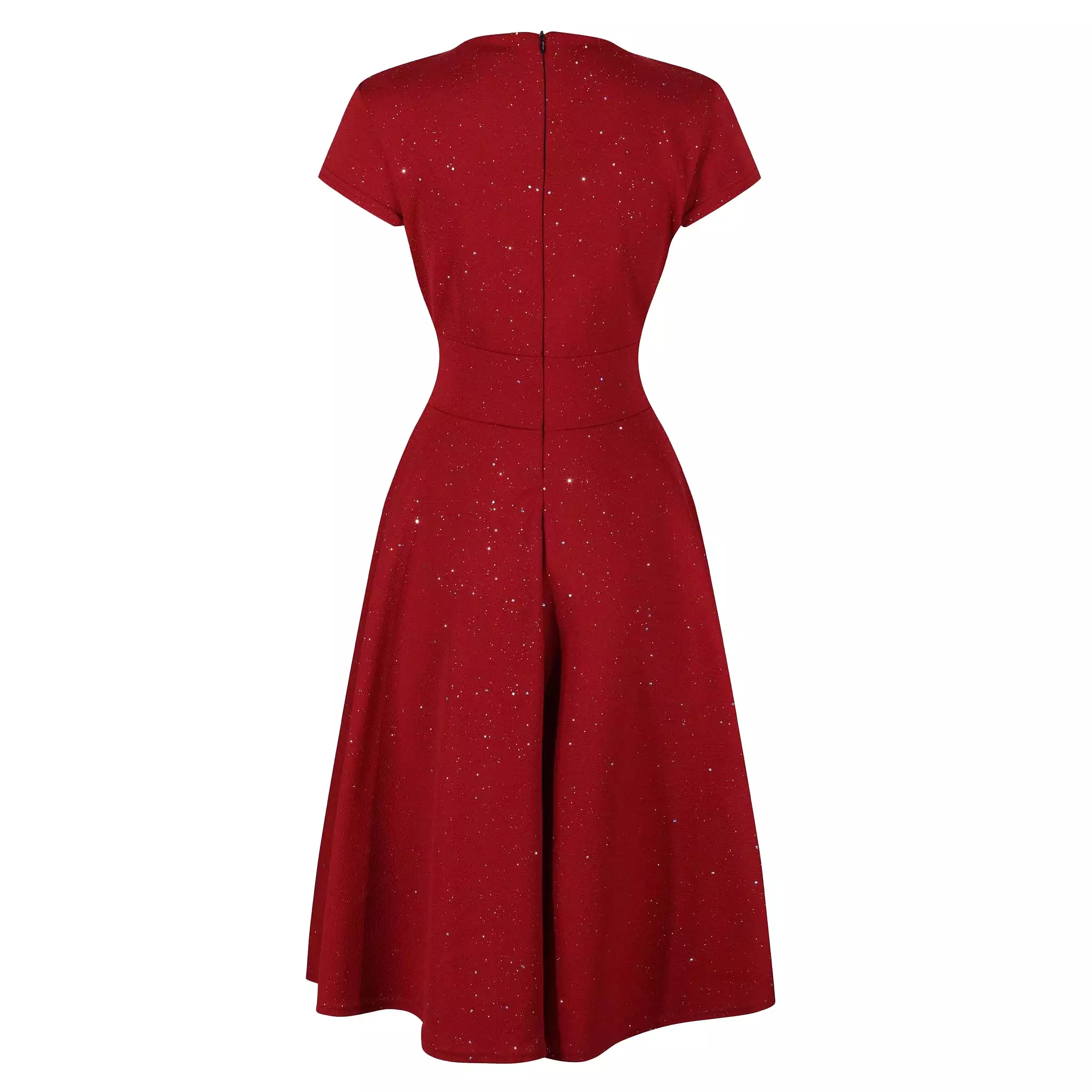 Wine Red & Sparkly Glitter A Line Crossover Top Capped Sleeve Tea Swing Dress