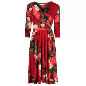 Wine Red Floral 3/4 Sleeve V Neck Crossover Top Empire Waist Swing Dress