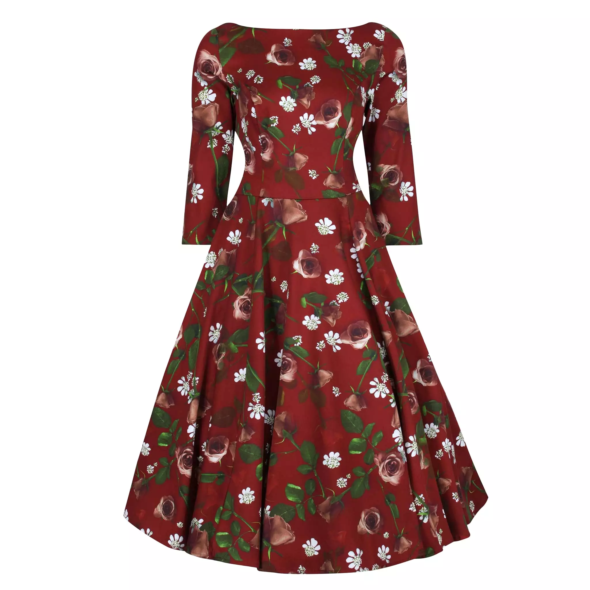 Wine Red Maroon Autumn Rose Print 3/4 Sleeve Retro Chic Dress