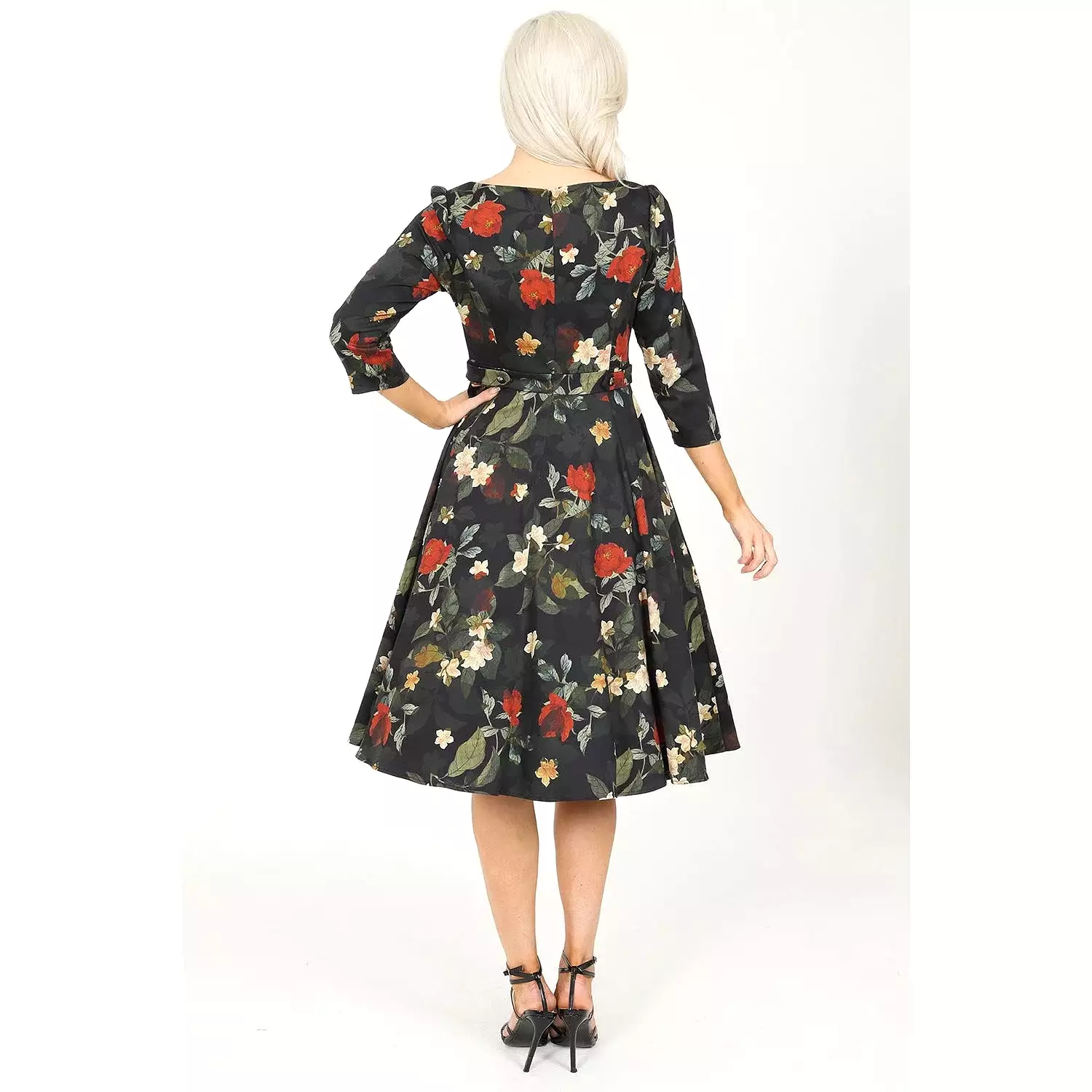 Winter Floral Print 3/4 Sleeve Belted 50s Swing Dress With Pockets