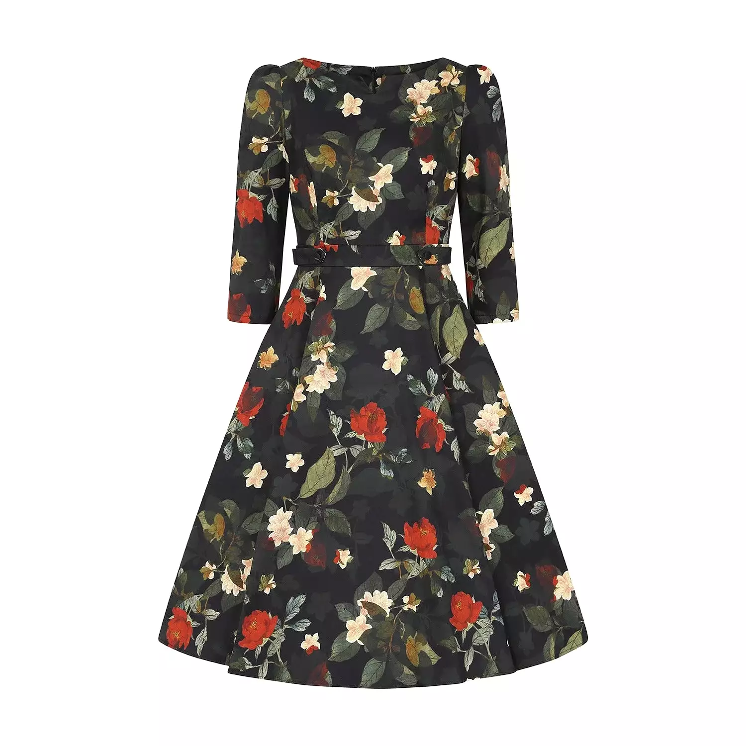 Winter Floral Print 3/4 Sleeve Belted 50s Swing Dress With Pockets