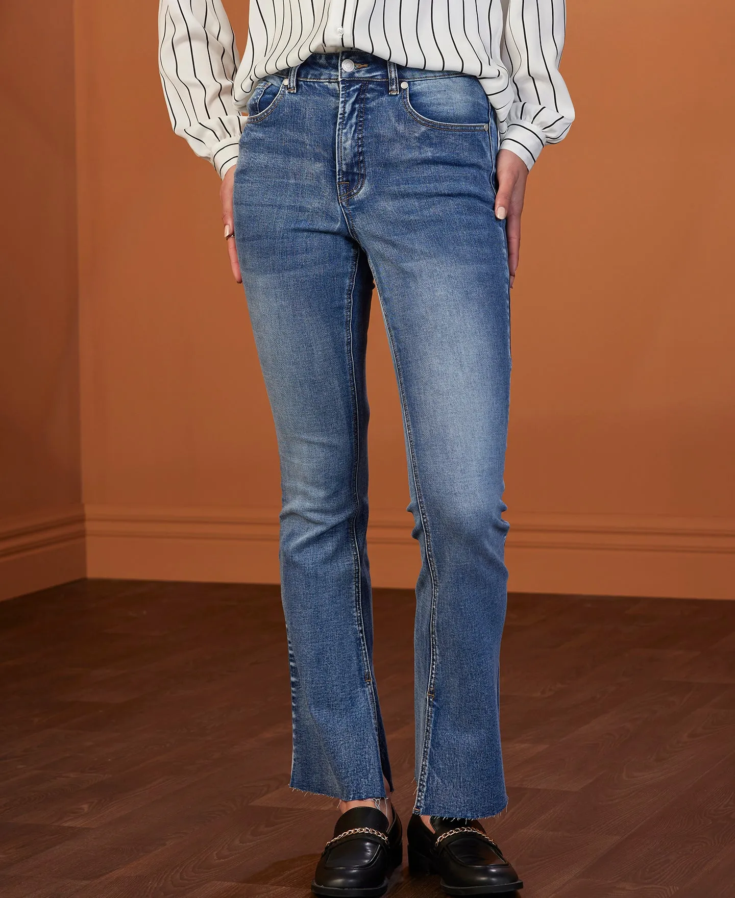 Women's Split Flare Jeans in Mid Blue | Postie