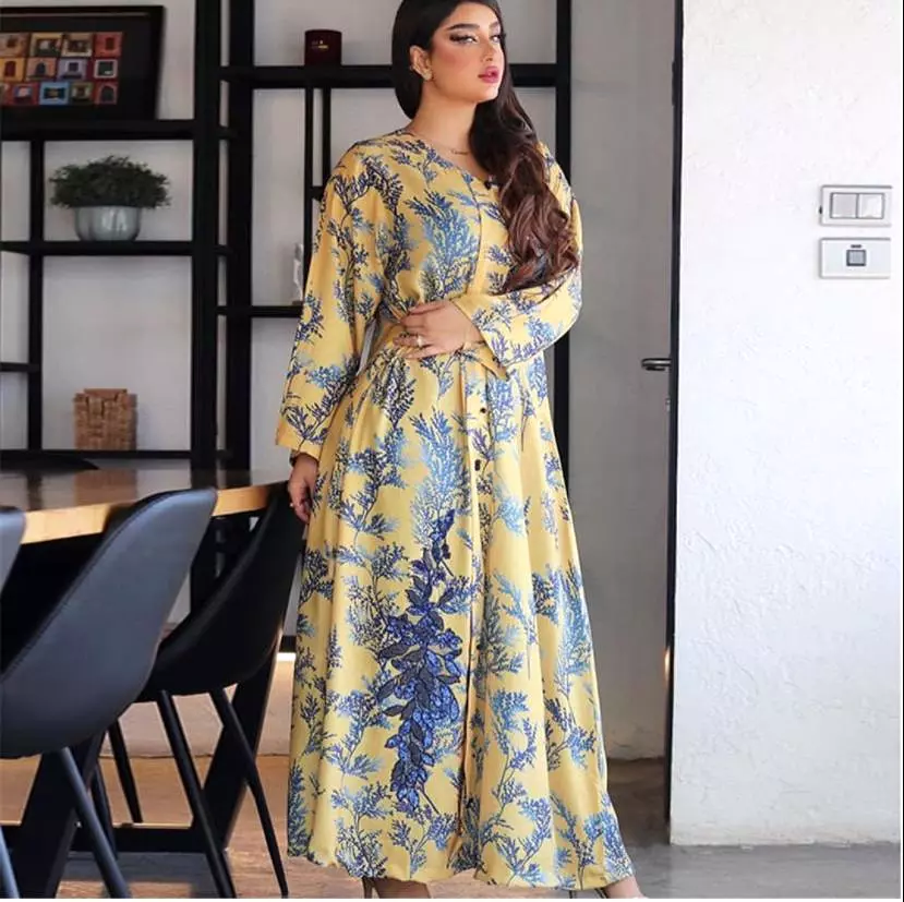 Women's Long Sleeve Printed Embroidery Applique Muslim Robe Dress S3855057