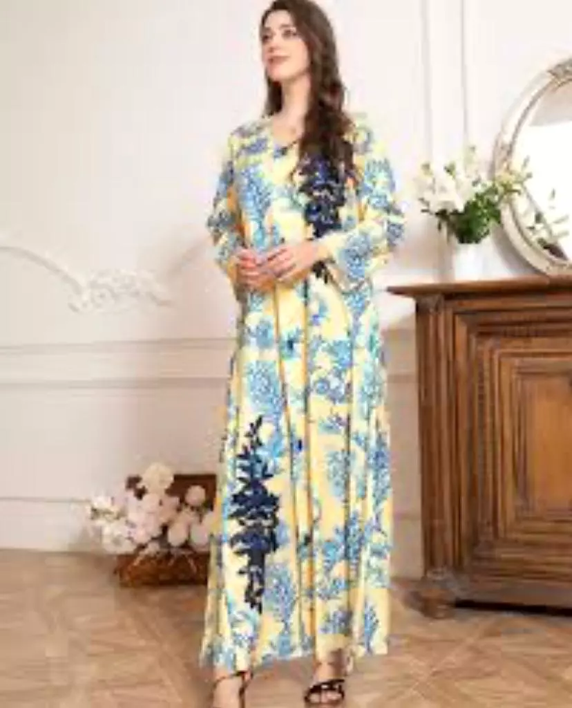 Women's Long Sleeve Printed Embroidery Applique Muslim Robe Dress S3855057