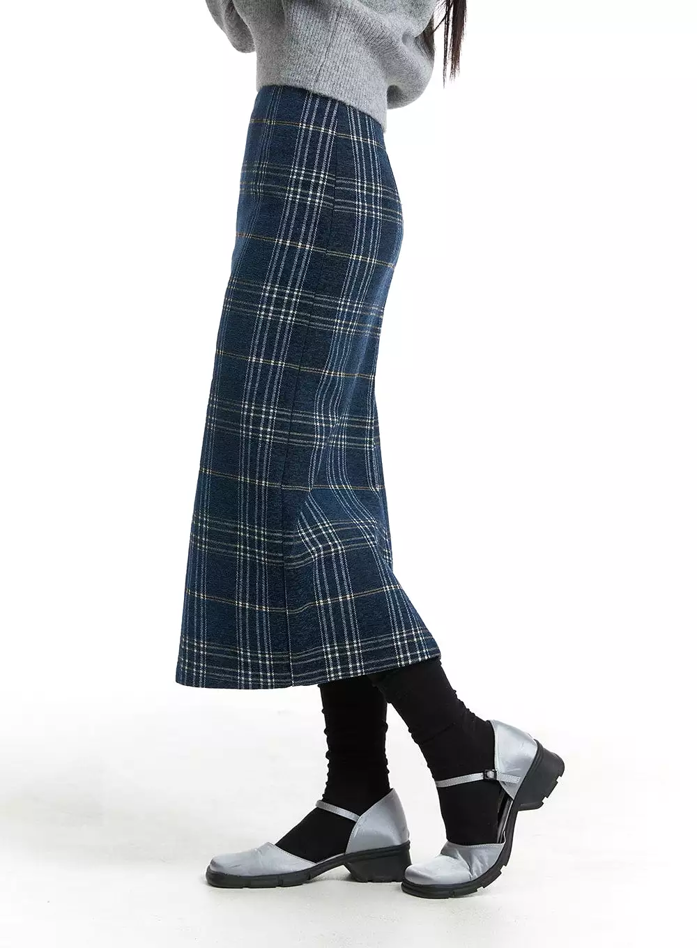 Wool-Like Mid Waist Plaid Maxi Skirt OJ405