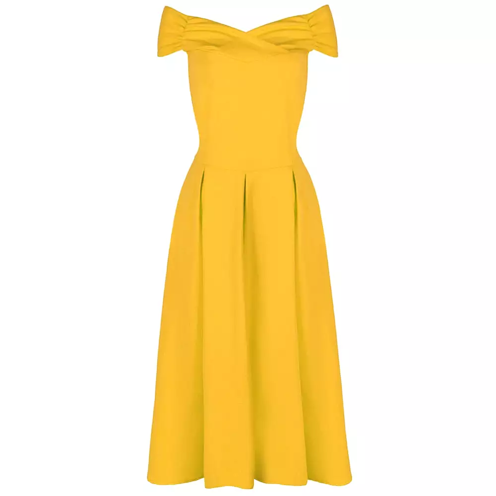 Yellow Cap Sleeve Crossover Top 50s Swing Bardot Dress
