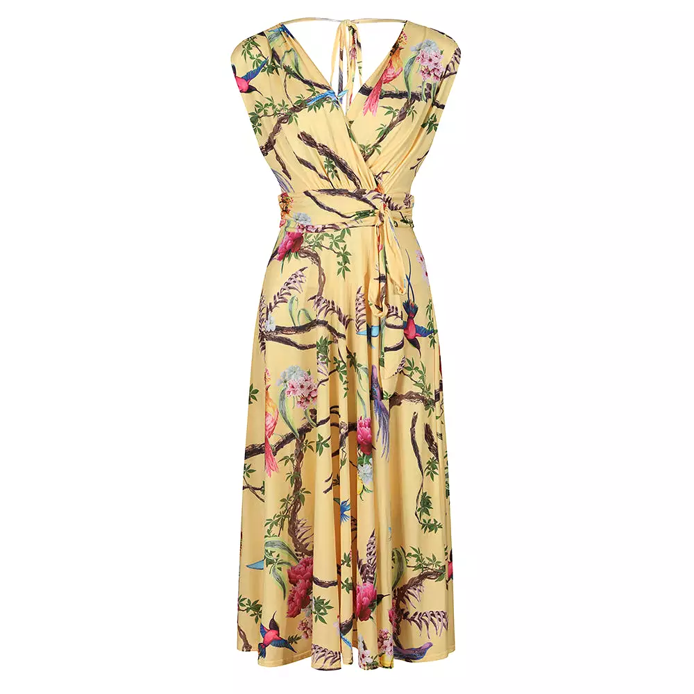 Yellow Tropical Bird Print V Neck Crossover Top Empire Waist Swing Dress