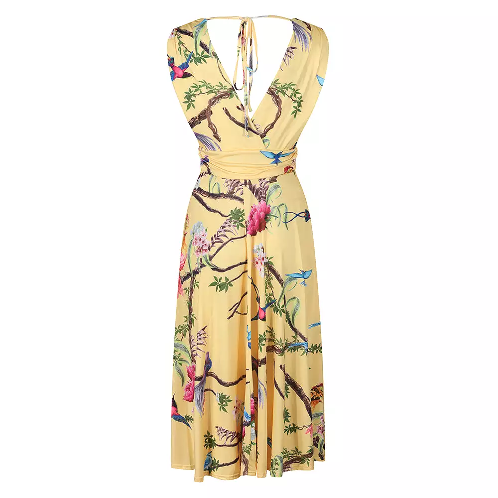 Yellow Tropical Bird Print V Neck Crossover Top Empire Waist Swing Dress