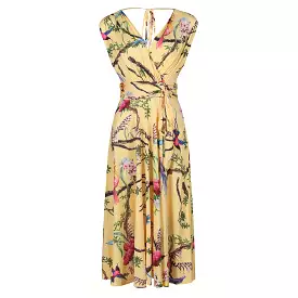 Yellow Tropical Bird Print V Neck Crossover Top Empire Waist Swing Dress