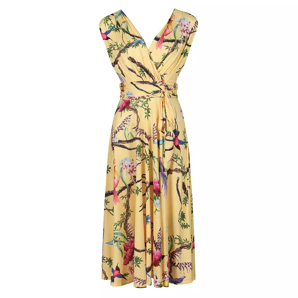 Yellow Tropical Bird Print V Neck Crossover Top Empire Waist Swing Dress